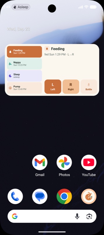 Android home screen with the Joey control widget: a rail of Feeding, Nappy, Sleep and Pump tiles showing when each last happened, and Left, Right and Bottle buttons