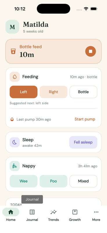 Joey home screen with a bottle feed timer running above the day's feeds, sleeps and nappies