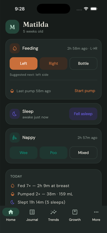 Joey home screen in dark mode