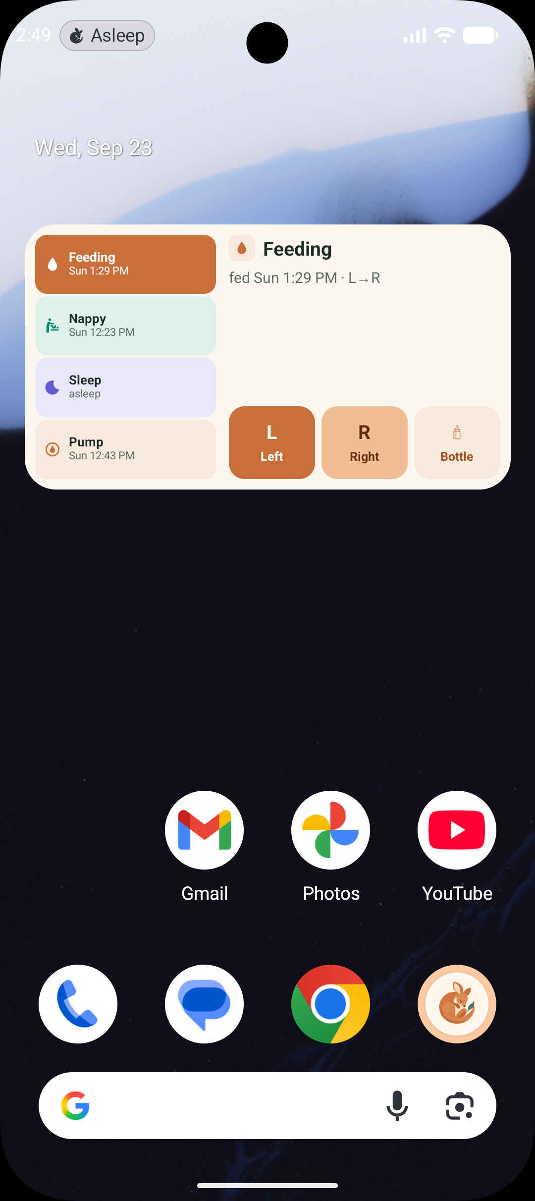 The Android control widget mid-breastfeed: the Feeding tile selected, with the rail showing when each thing last happened