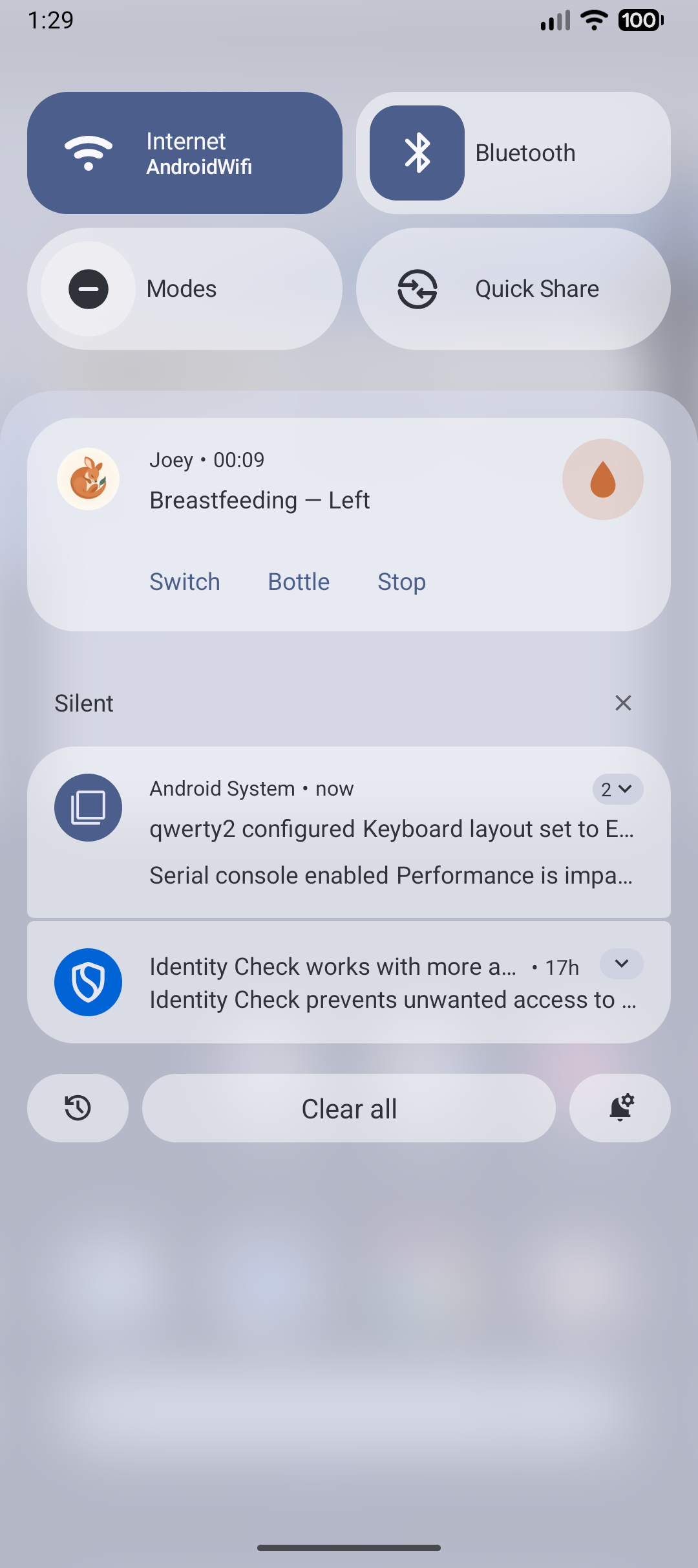 The timer notification during a breastfeed: Joey badge, ticking stopwatch, Switch · Bottle · Stop