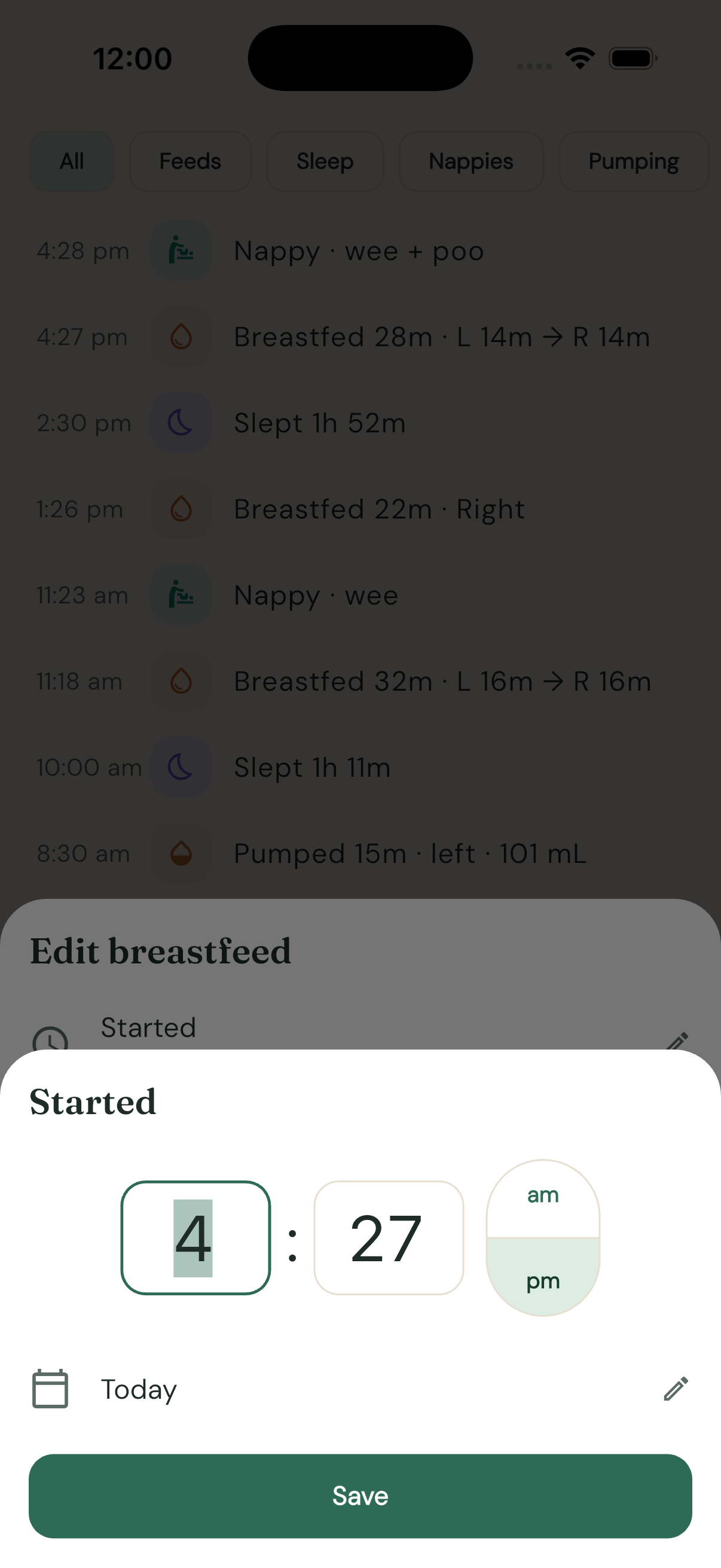 The time-first editor: typed hour/minute, am/pm, date row underneath