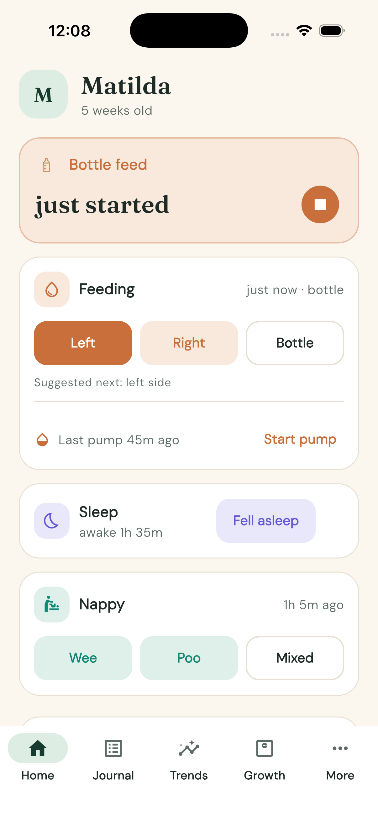 Joey's Home tab with a bottle feed running