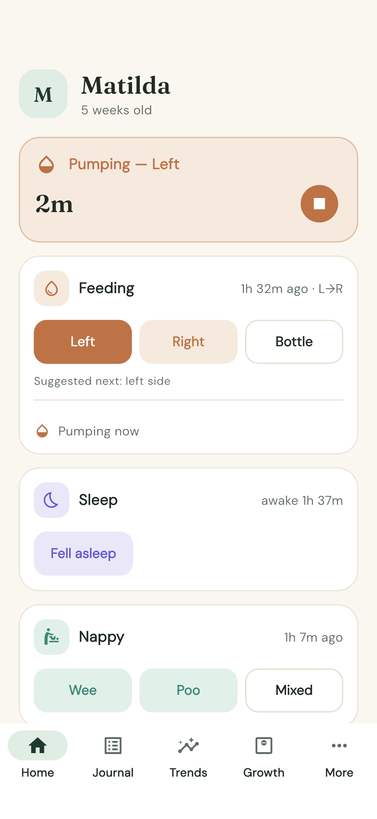 Home tab while pumping — the "Pumping" banner at the top and "Pumping now" on the Feeding card
