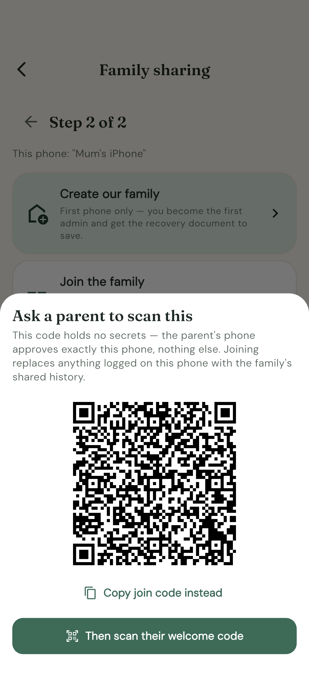 The joining phone's code — no secrets in it