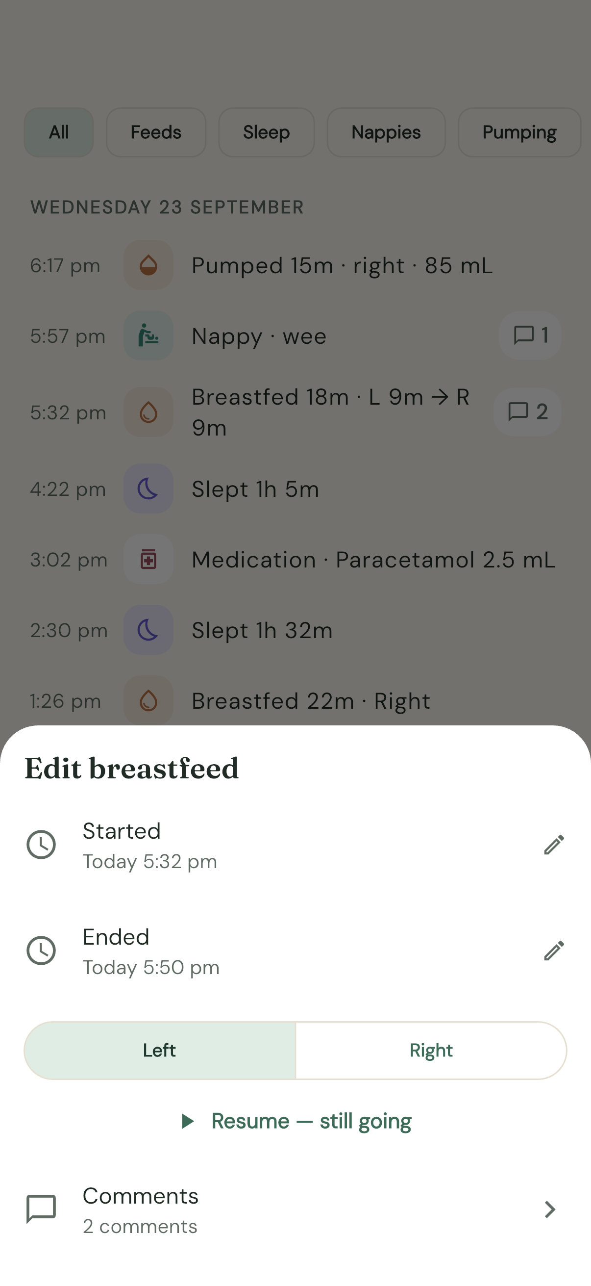 Editing a breastfeed — start and end times, side, Resume, and Comments