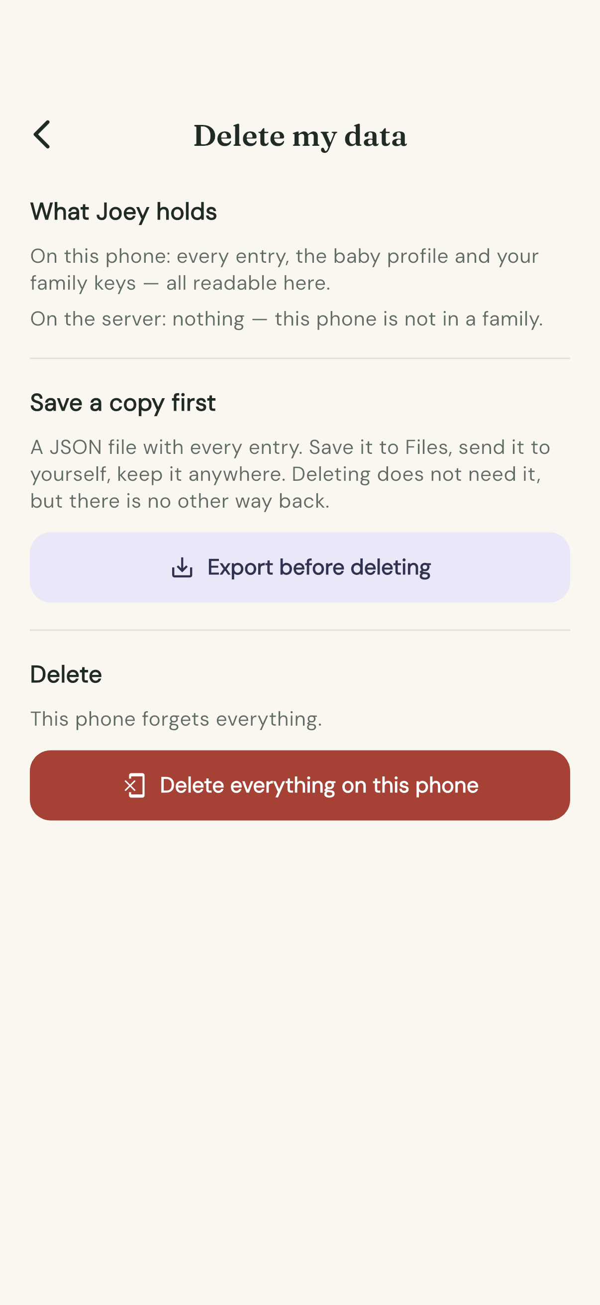 The Delete my data screen: what Joey holds, Export before deleting, and the two delete buttons