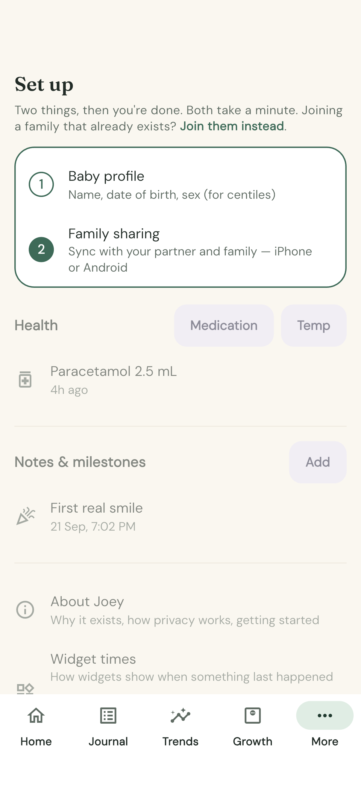 More in set-up mode: the Set up card with Baby profile and Family sharing