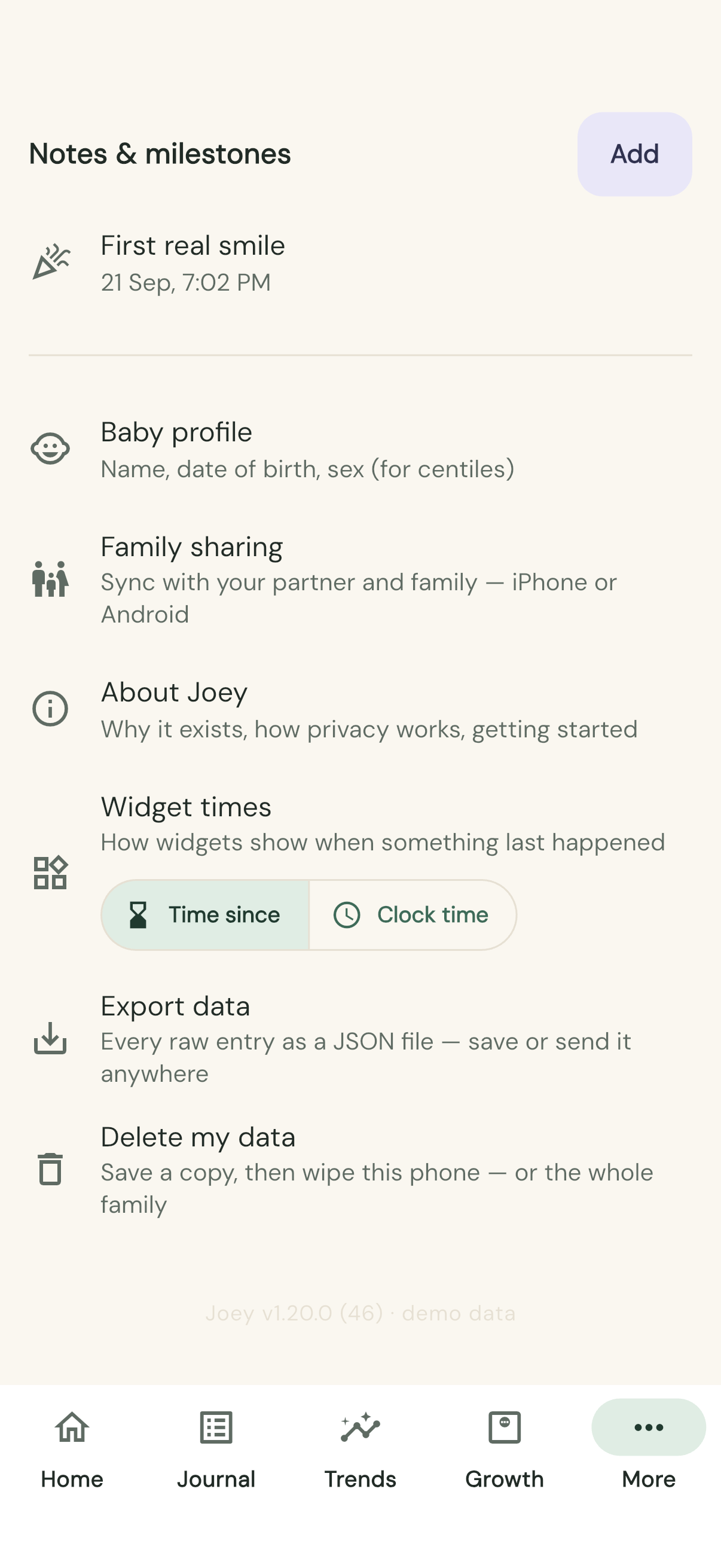 The More tab: Health, Notes & milestones, Baby profile, Family sharing, About Joey, Widget times, Export data, Delete my data