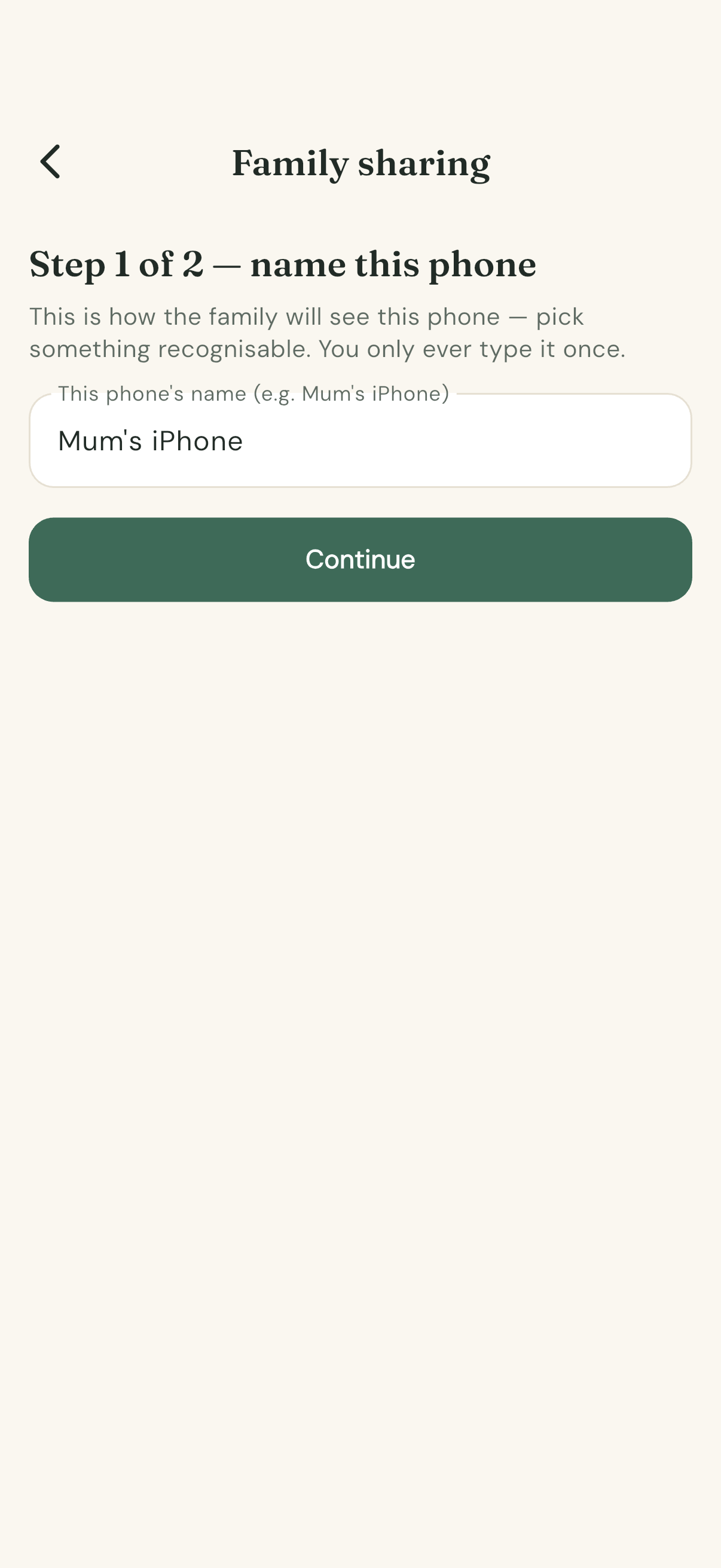 Step 1 of 2 — naming this phone