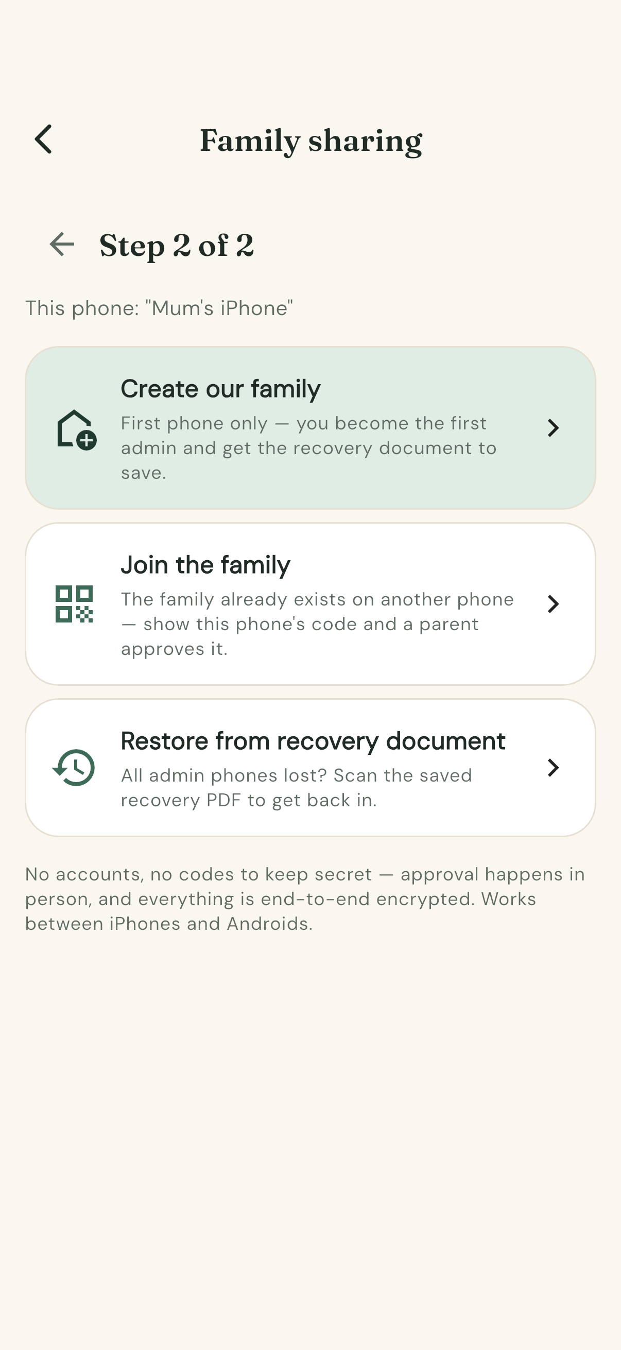 Step 2 of 2 — create, join, or restore