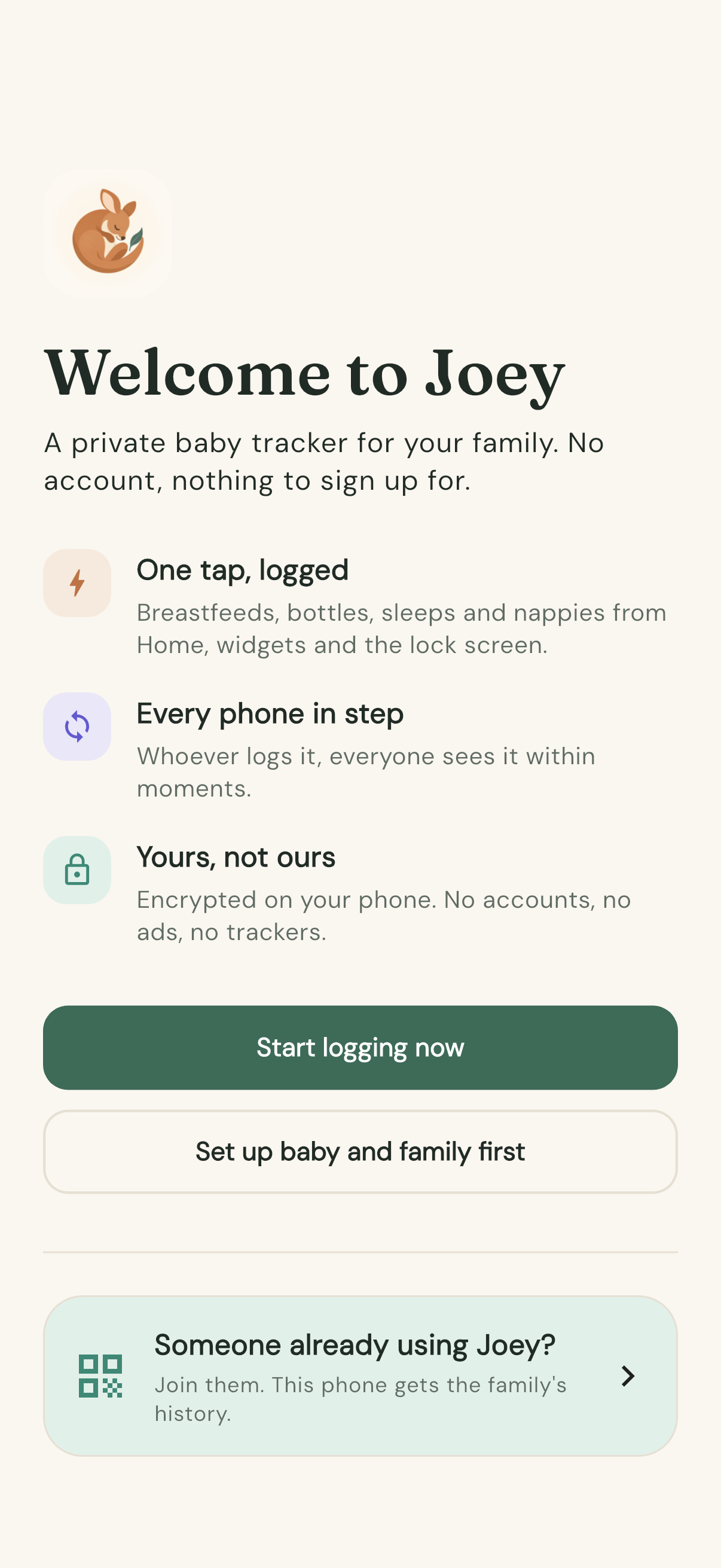 The welcome screen: Start logging now, Set up baby and family first, and Someone already using Joey?