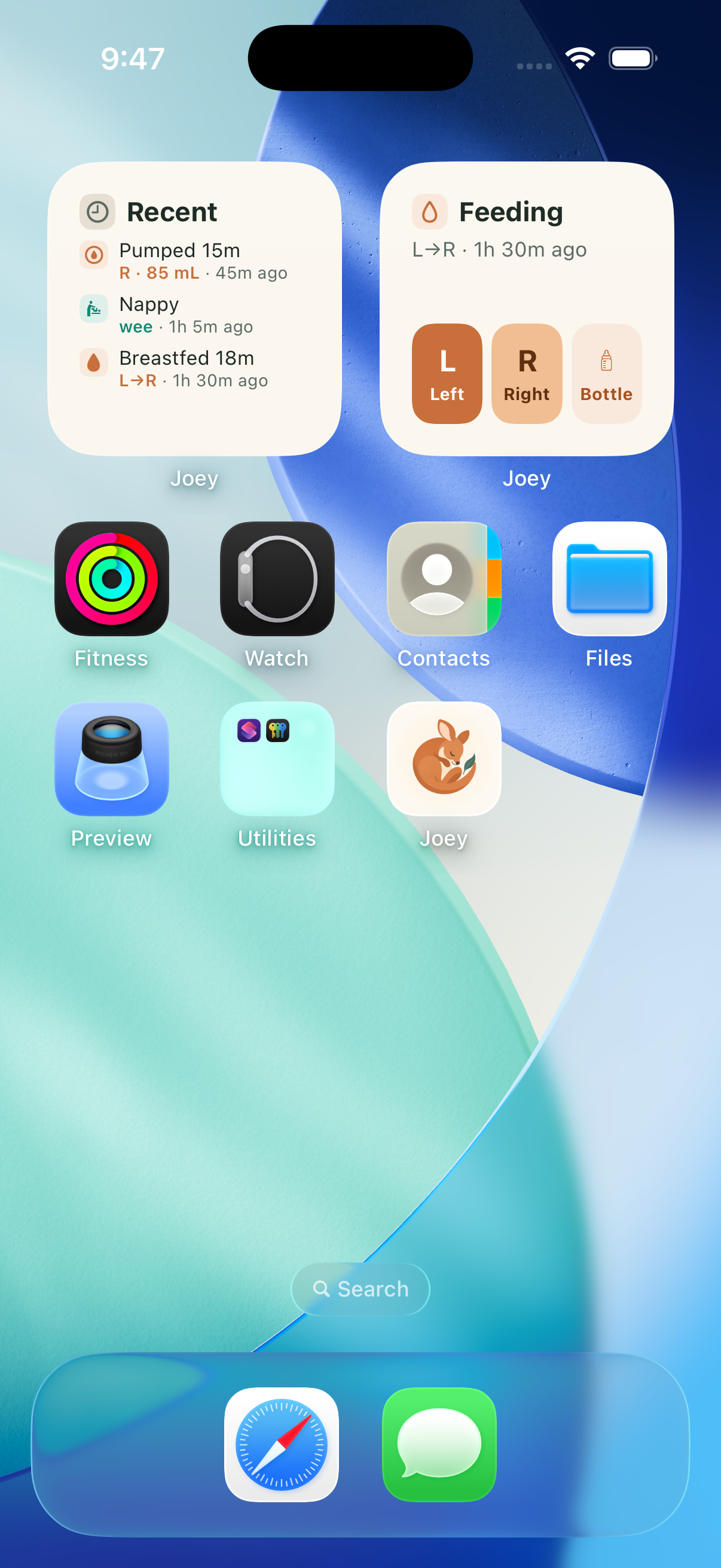 The Recent activity and Feeding widgets on the home screen